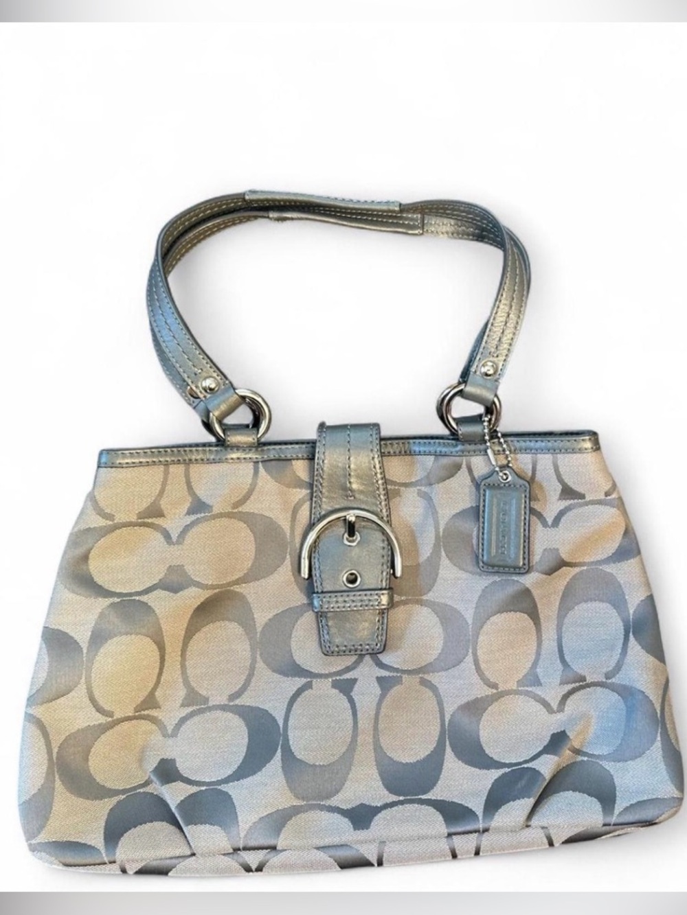 Coach Soho Signature Canvas Carryall Shoulder Tote Bag Grey Silver Purse F19253
